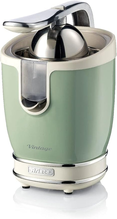 Ariete 413-04 - Exprimidores eléctricos Vintage 85 W, silencioso, 2 conos diferente tamaño, recogecable, boquilla acero inoxidable, función antigoteo, cuerpo metal verde